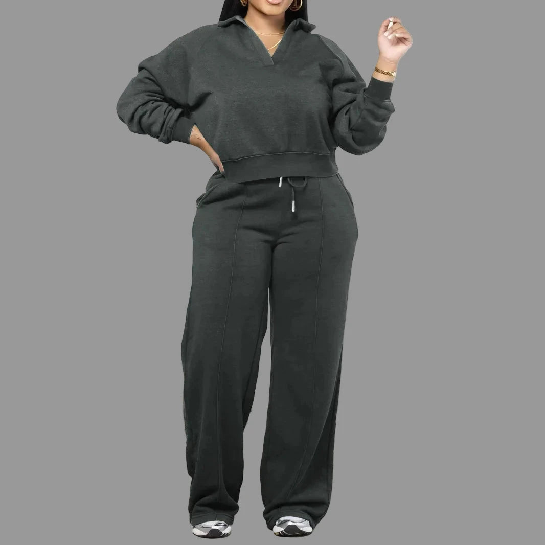 Women's V-neck Long Sleeve Sweatshirt and SweatPants Tracksuit