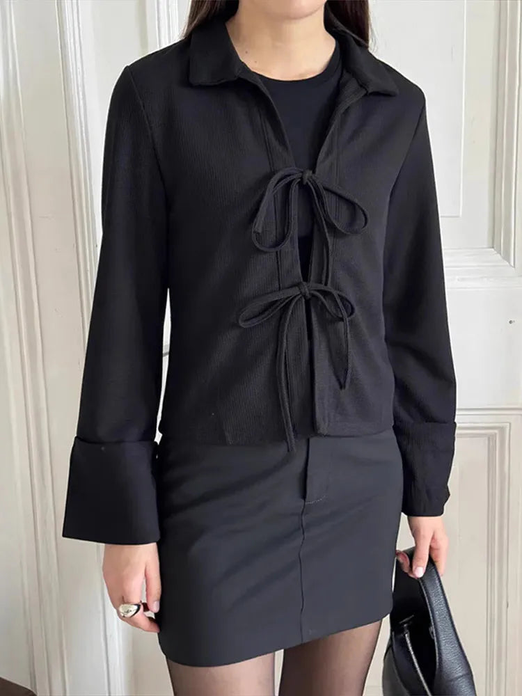 Casual Lace Up Turn-Down Collar Long Sleeve