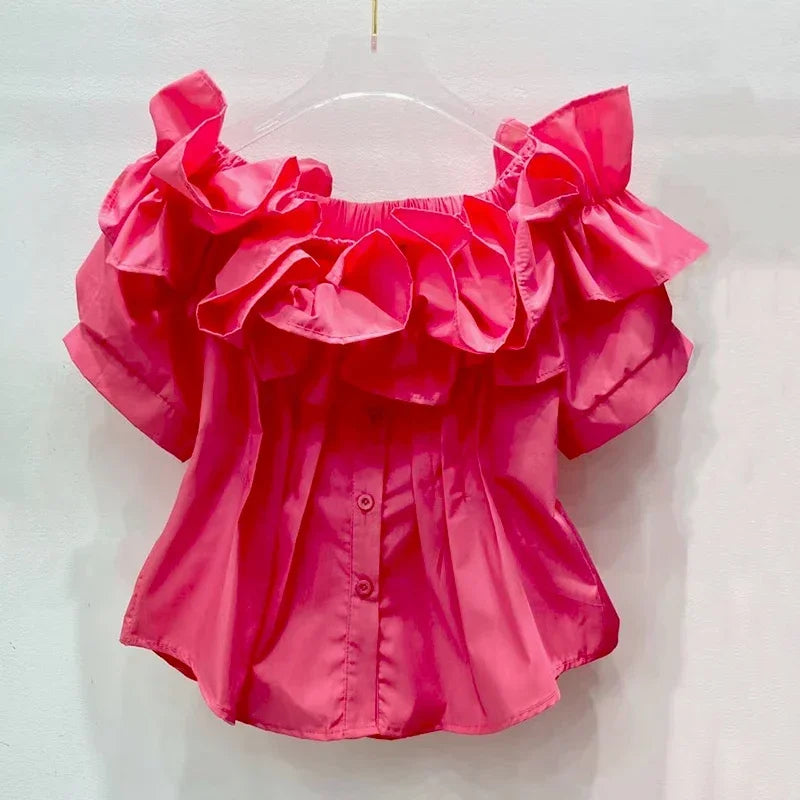Women’s Pleated Tunic Ruffles Puff Sleeve Slash Neck Blouse