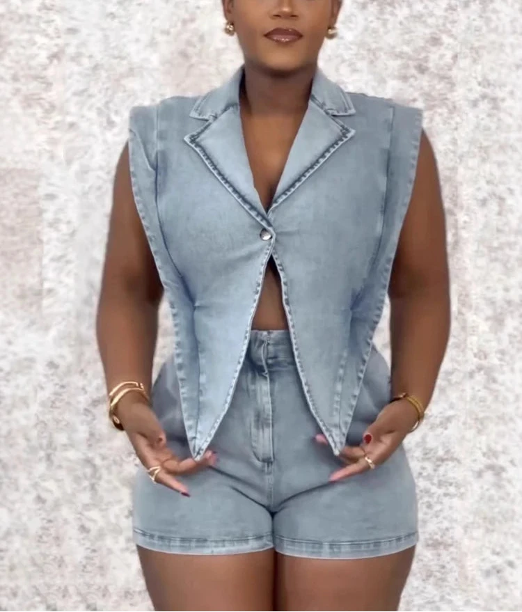 Women’s Denim Sleeveless Hollow Out Short Jumpsuit