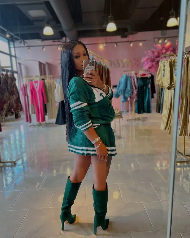 Women's Long Sleeve Knitted Letter Sweater and Pleated Skirt Set