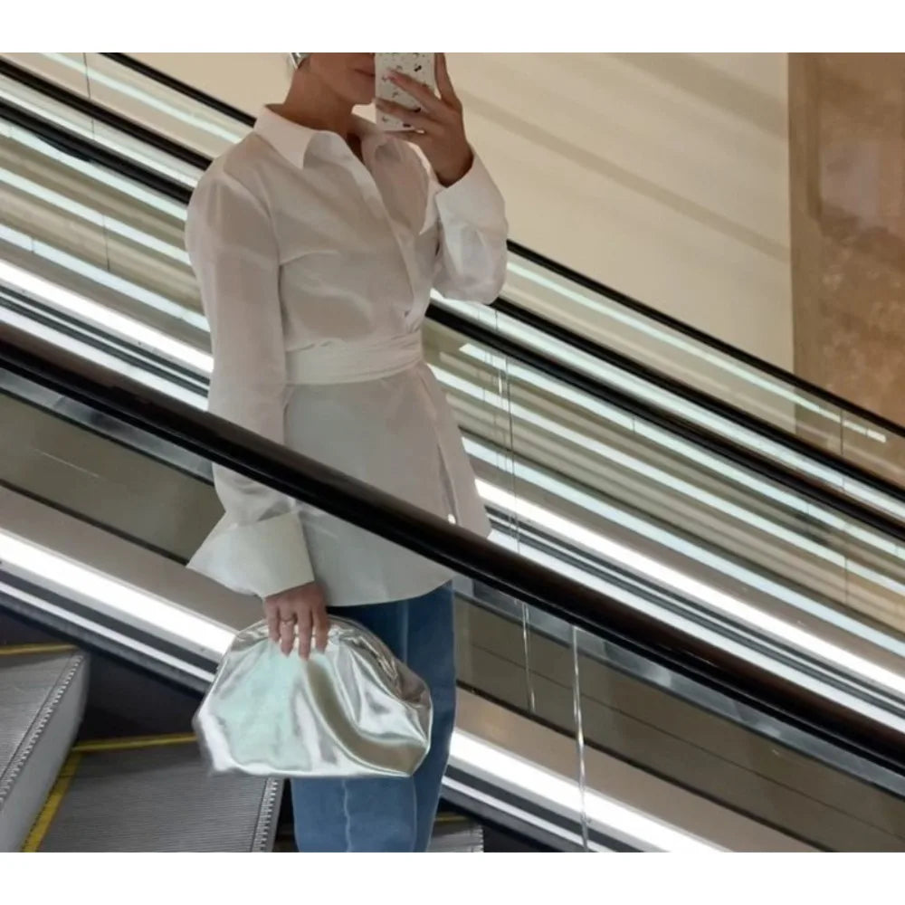 Solid Slimming Minimalist Lapel Long Sleeve Tunic Temperament Blouse