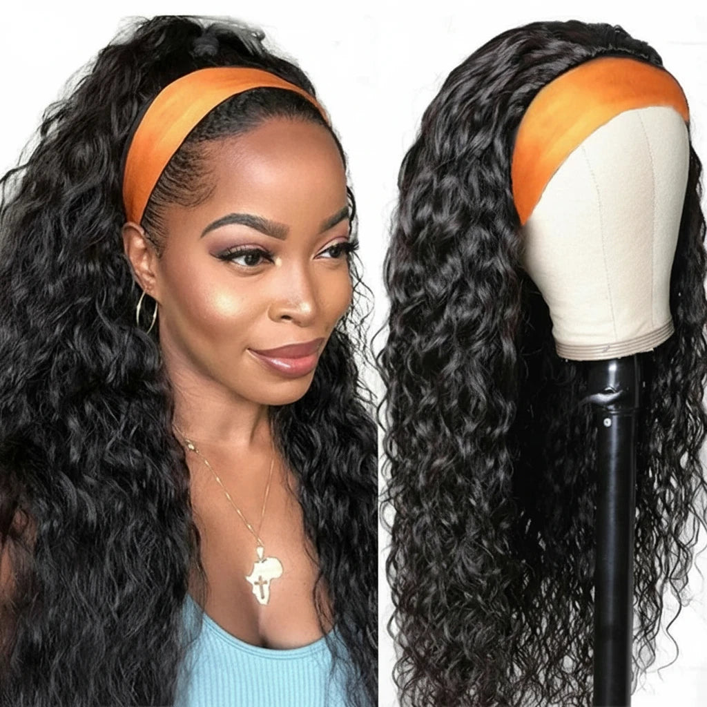 Headband Human Hair Water Wave Wig No Glue No Sew In Beginner Friendly