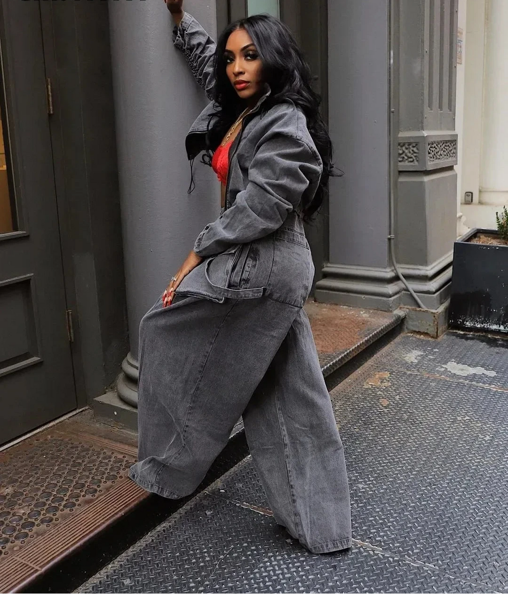 Women's Ruched Long Sleeve Jacket and Pocket Front Wide Leg High Waist Jeans Pants Set