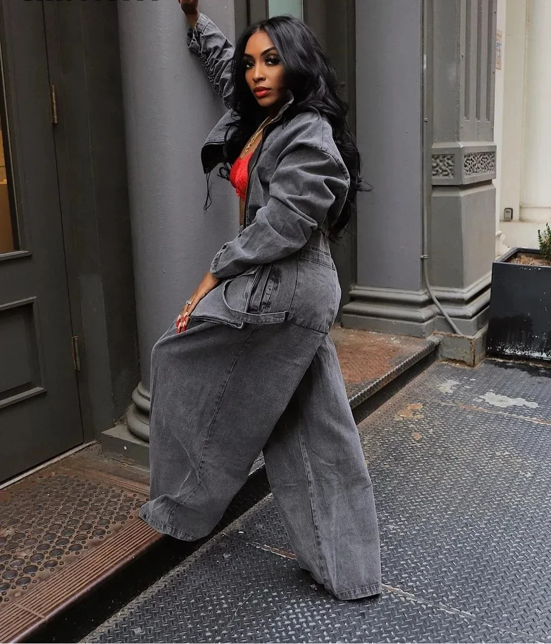 Women's Ruched Long Sleeve Jacket and Pocket Front Wide Leg High Waist Jeans Pants Set