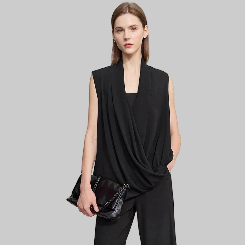 Women’s Drap Fold Collar V-Neck Chiffon Loose Blouse