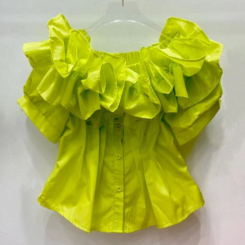 Women’s Pleated Tunic Ruffles Puff Sleeve Slash Neck Blouse