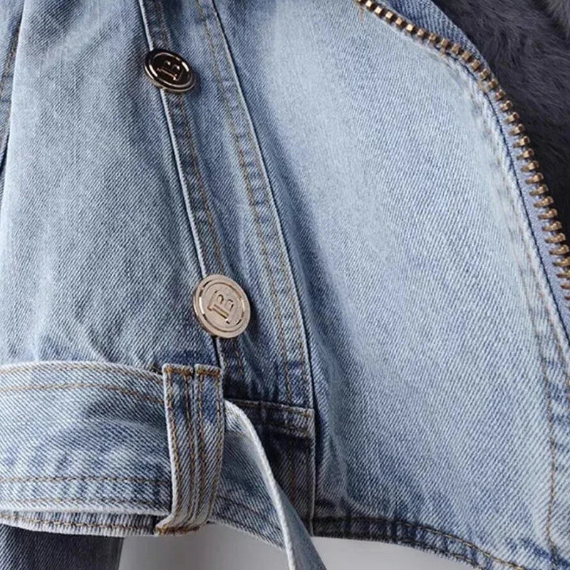 Winter Denim Overcoat Faux Fox Fur Collar