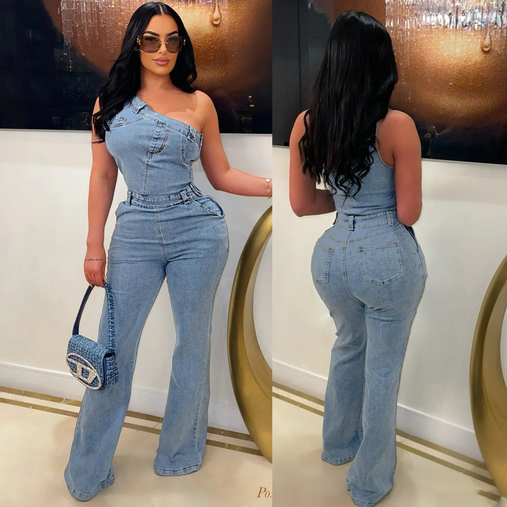 Women’s Flare Denim Full Length One Piece Basics Washed Overalls