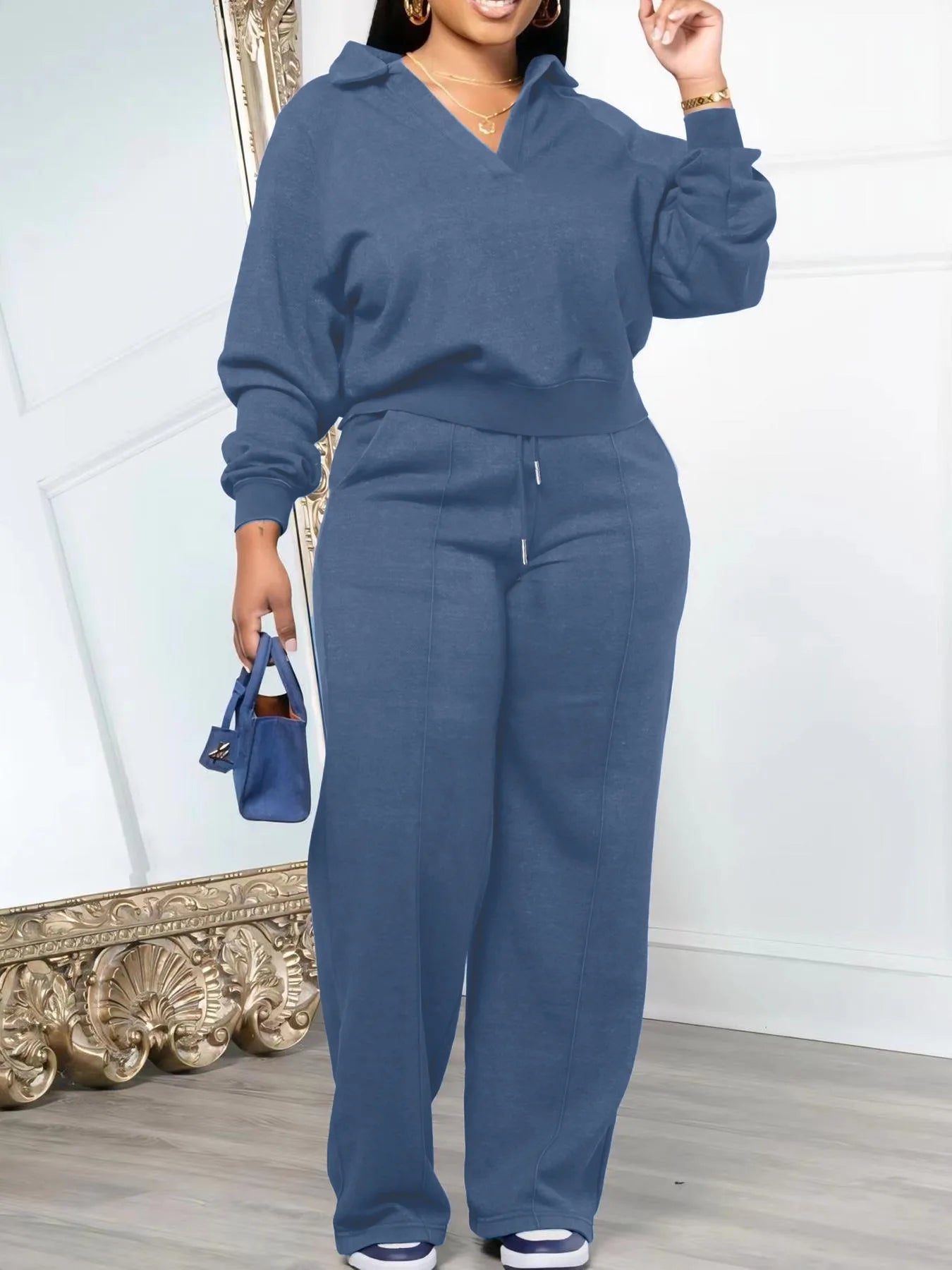 Women's V-neck Long Sleeve Sweatshirt and SweatPants Tracksuit