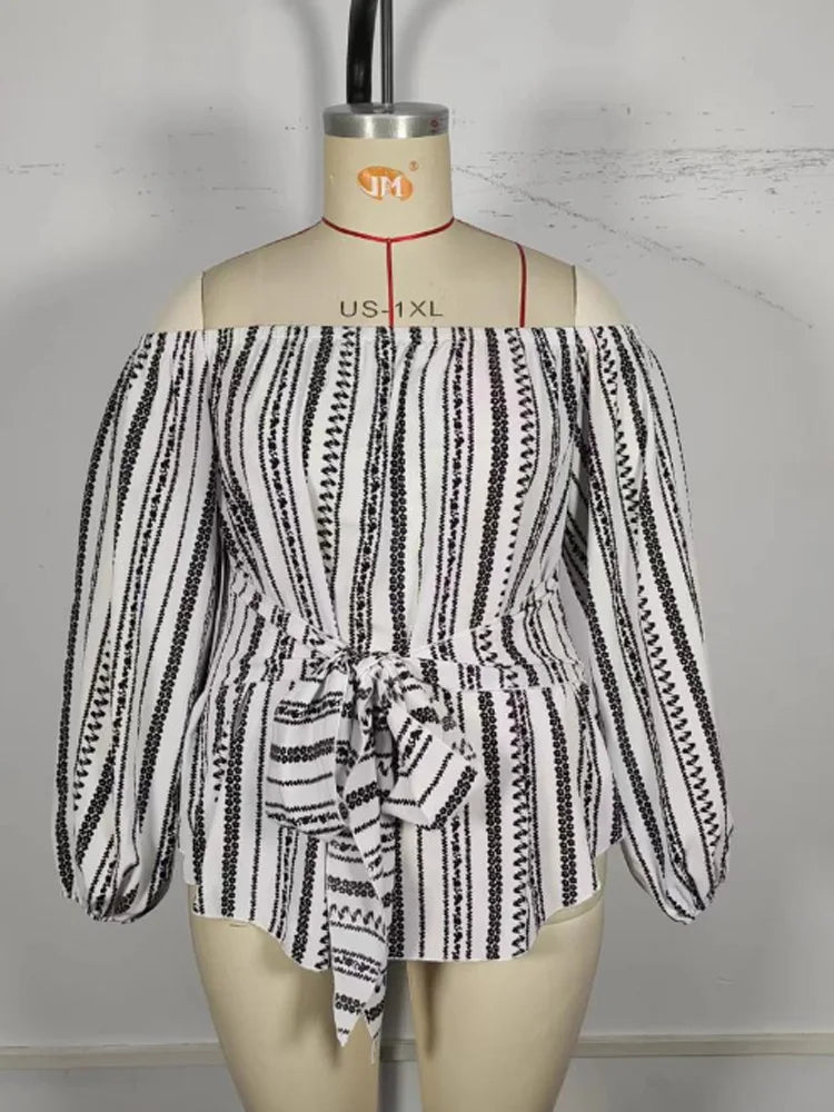 Plus Size Boho Off Shoulder Casual Long Sleeve Tie Front Ethnic Print Blouse