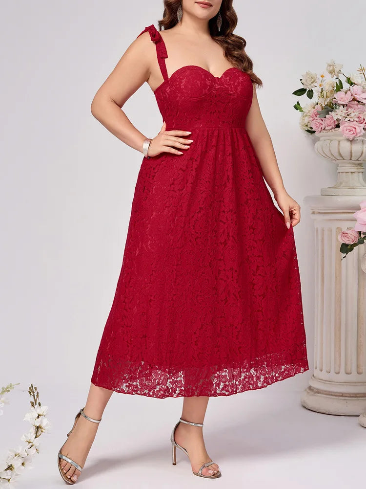 Plus Size Solid Lace Elegant Straps Backless High Waist Sleeveless Dress