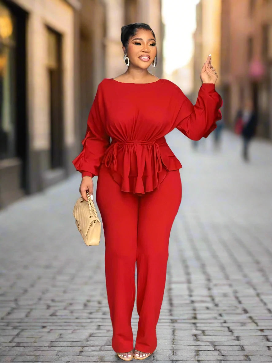 Women's Long Sleeve Flare Ruffles Hem Blouse and Pants Set 2 Piece Set