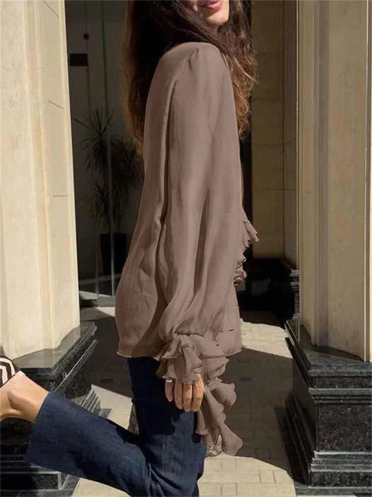 Chiffon Ruffled V-Neck Patchwork Long Sleeve Blouse