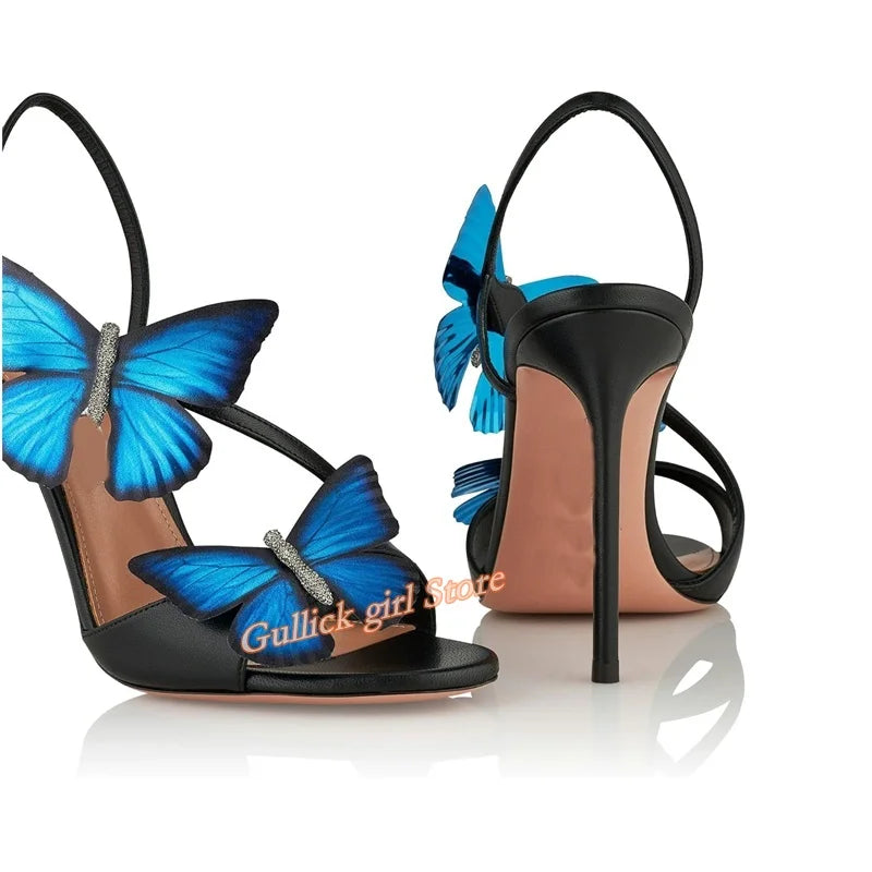 Butterfly Decor  Thin Open Toe Black Slingback Runway Women Shoes