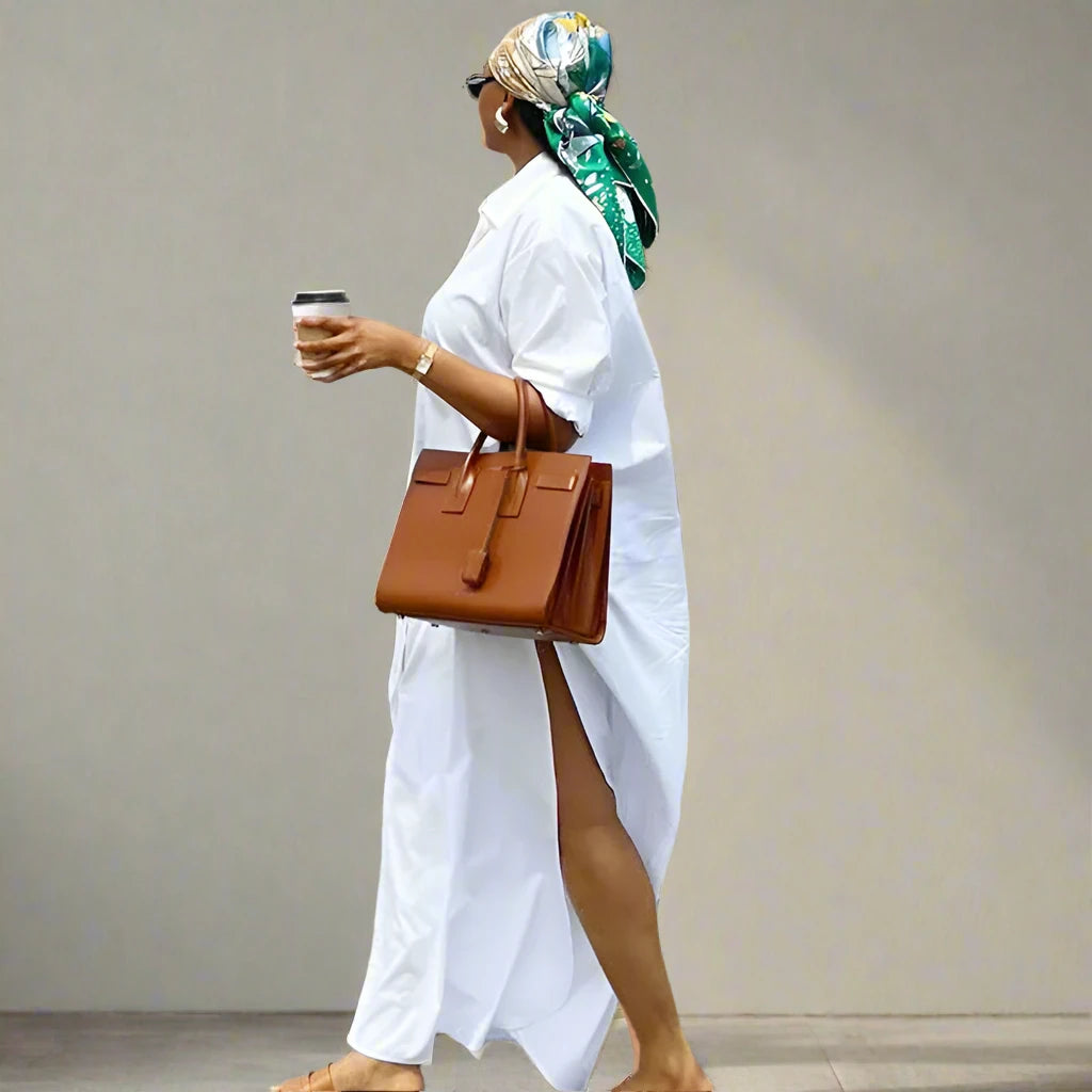Woman’s Full Sleeve Turn-down Collar Shirt Style Maxi Dress