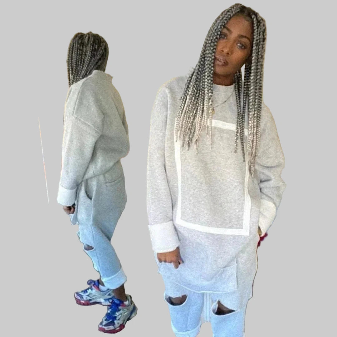 Women's Fleece Patchwork Active wear Crewneck Sweatshirt + Holes -in- Pants Set
