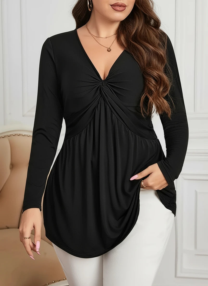 Plus Size Twist Front V-neck Casual Long Sleeve Slim-fit Blouse