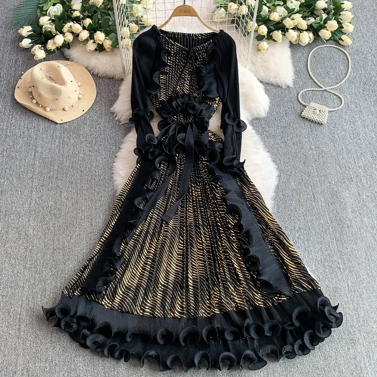 Crew Neck Dress Lotus Leaf Edge Long Waist Pleated Dress