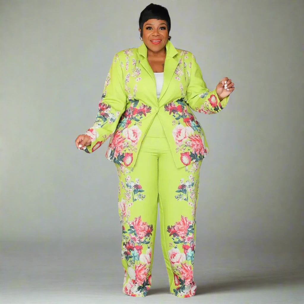 Plus Size Women's Long Sleeve Floral Print Blazer + Wide Leg Pants Set