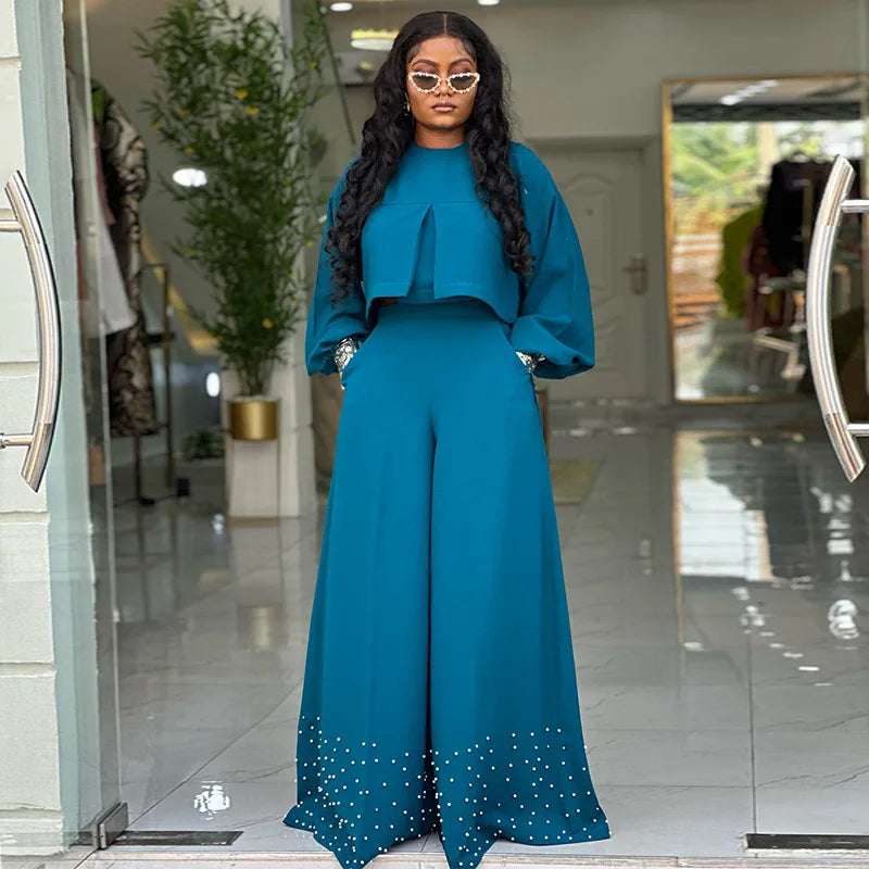 Women's Long Sleeve Maxi Blouse and Pearl Beading Wide Leg Pants