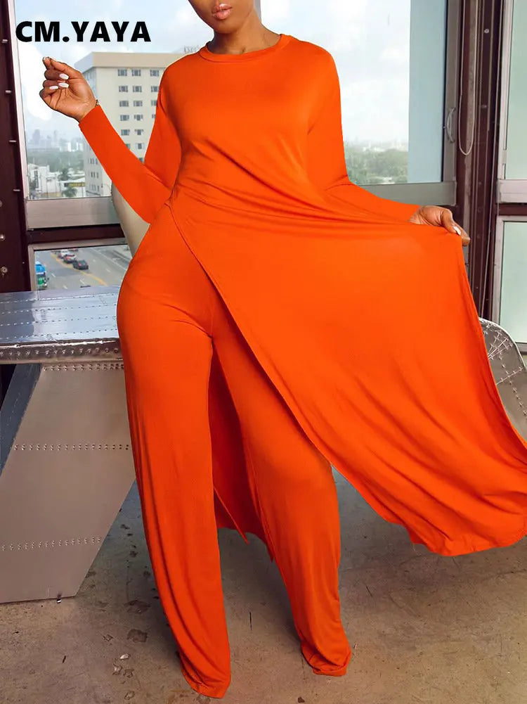 Women's Long Sleeve High Slit X-long Tee Top & Straight Pant Suit