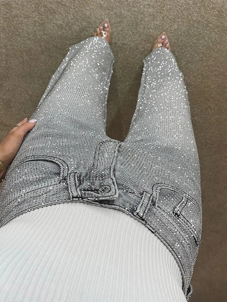 Women’s Rhinestone Denim Wide Leg Straight Jeans