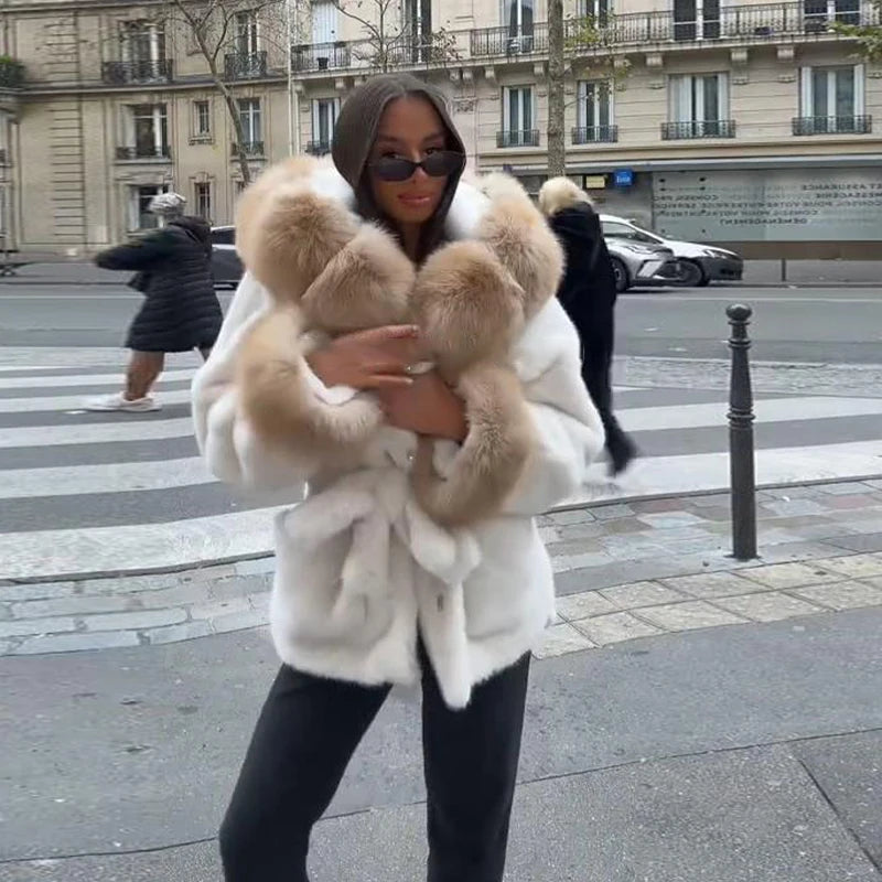 Chic Fur Lace Up Hooded Jacket