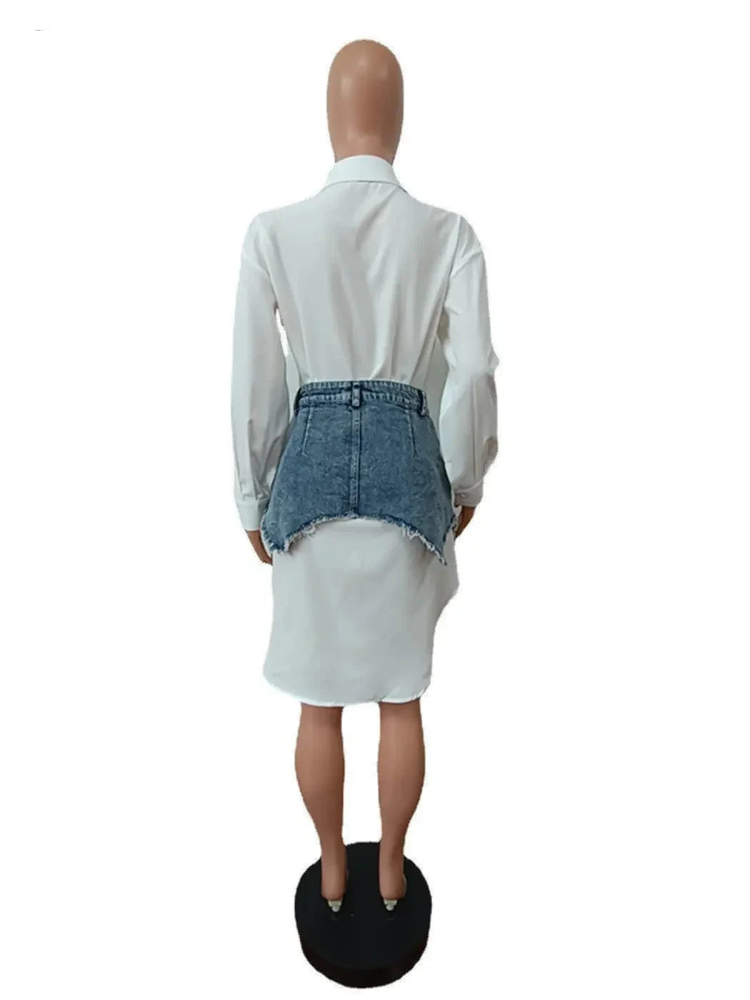 Vintage Women’s Long Sleeve Turn-down Collar Shirt Style Dress with Tiny Denim Irregular Skirt