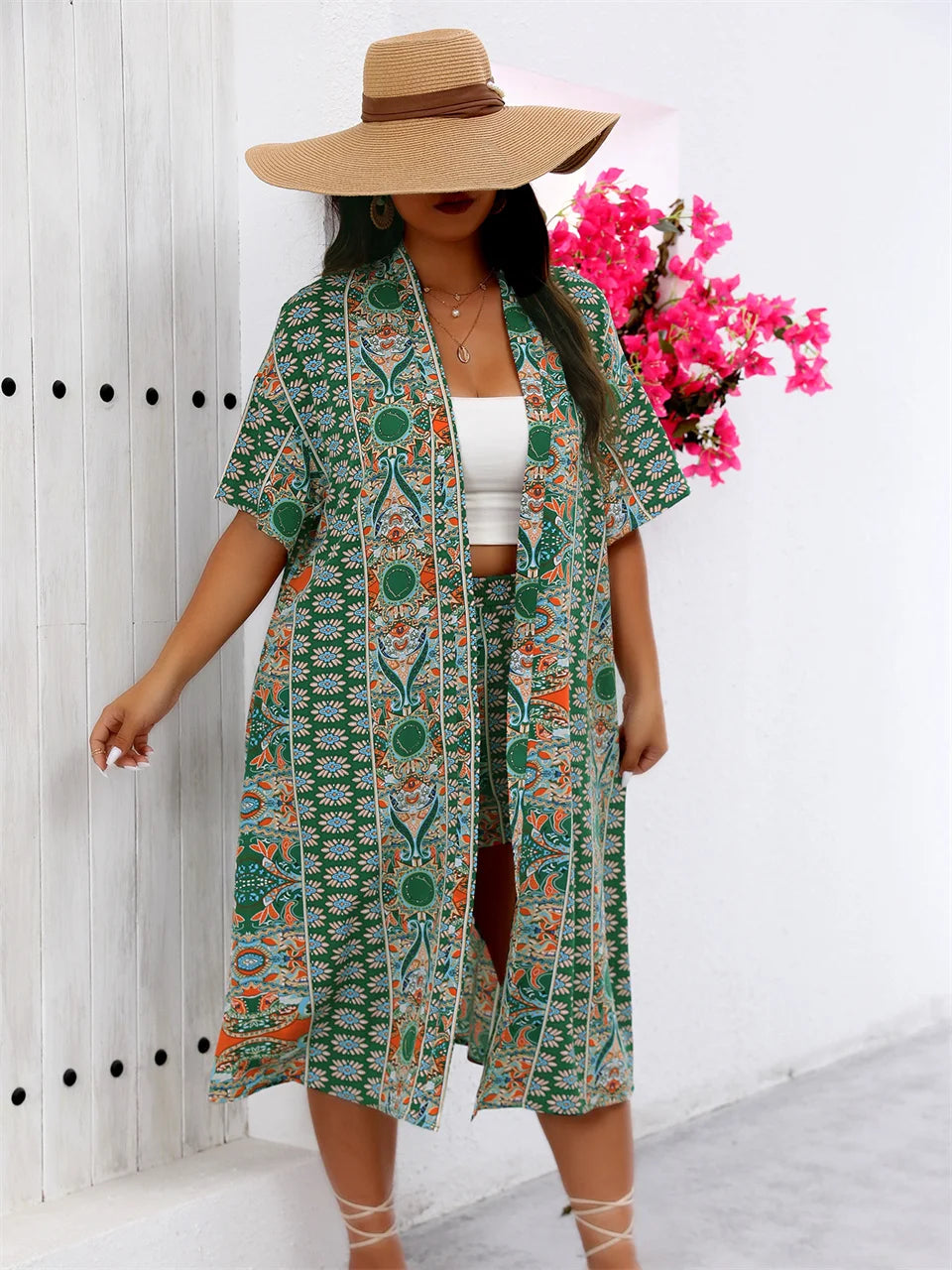 Women’s Plus Size Long Kimono Cardigan with Shorts Two Piece Set