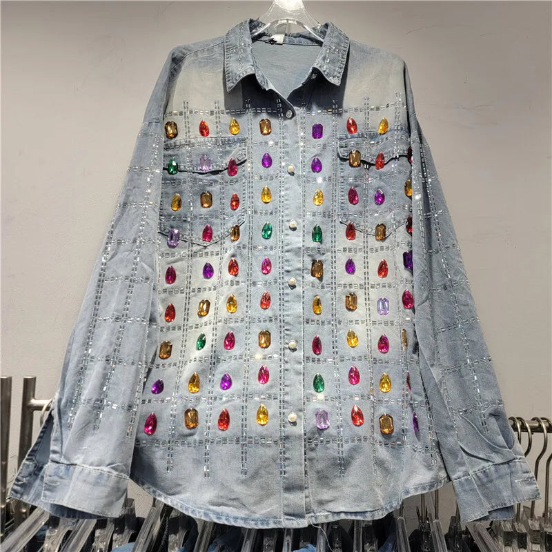 Women's Grid Shaped Hot Diamond Denim Blouse Elastic Waist Loose Wide Leg Jeans 2 Piece Set