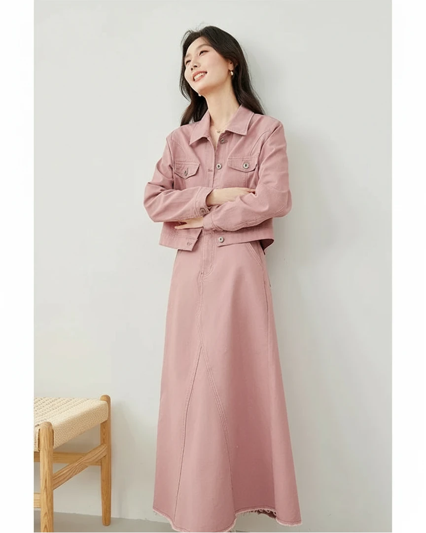Pink Denim Maxi Jacket Skirt Set