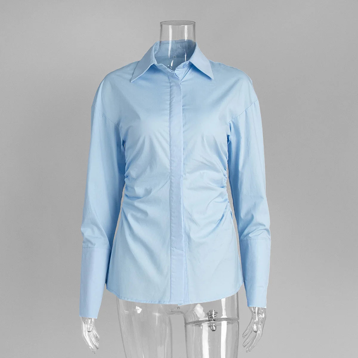 Women’s Solid Spliced Slimming Lapel Long Sleeve Tunic Temperament Blouse