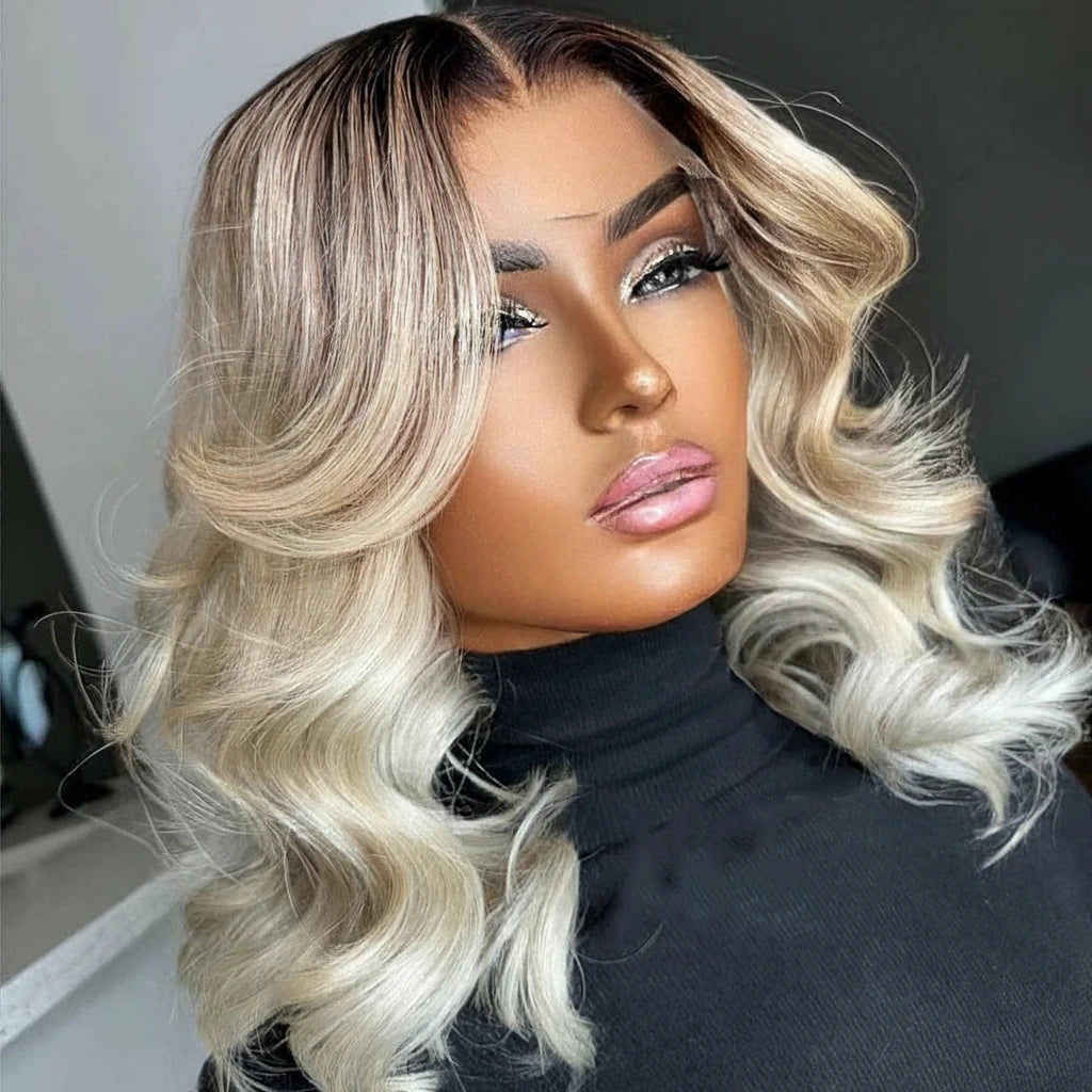 Ombre Gray Blonde With Dark Root 613 Bob Body Frontal Wave Wig With Baby Hair 13x4 Bob