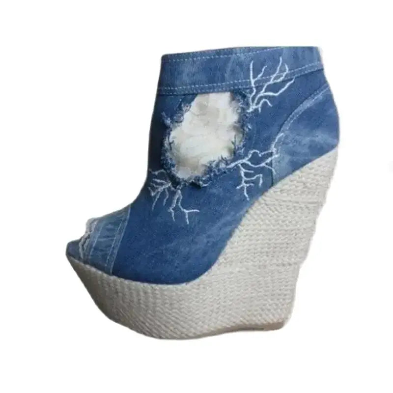 Woman’s Denim Lace Decor Platform Toe Blue High Heels Wedge Sandals