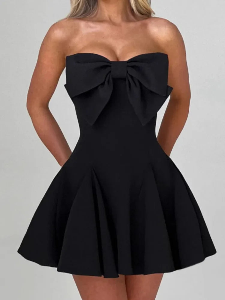 Bow Strapless Backless Mini Dress For Women Solid Off-shoulder Sleeveless A-line Dress