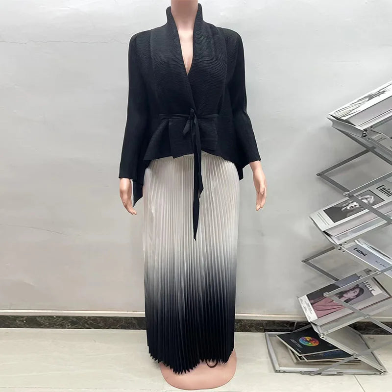 Gradient Women's Full Sleeve V-Neck Blouse with Beltt and Pleated Maxi Skirt Set