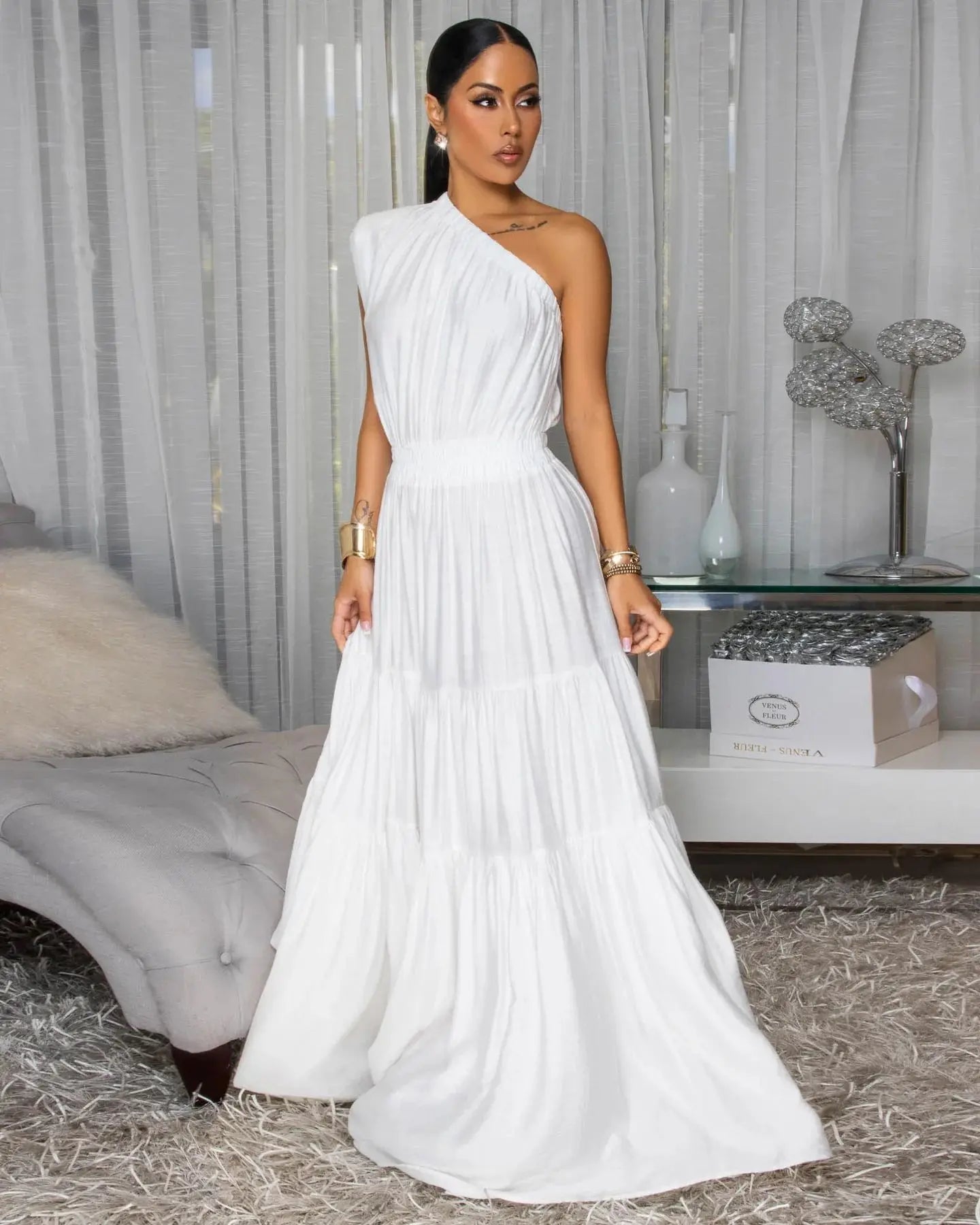 Women’s Sleeveless Skew Neck Ruched Maxi Dress