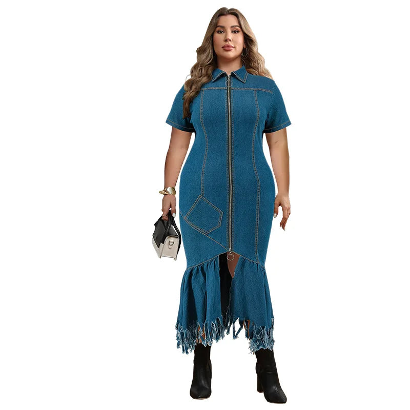Plus Size Women’s Short Sleeve Tassel Zip Denim Dress