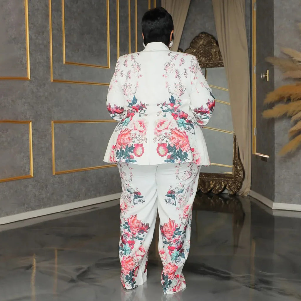 Plus Size Women's Long Sleeve Floral Print Blazer + Wide Leg Pants Set