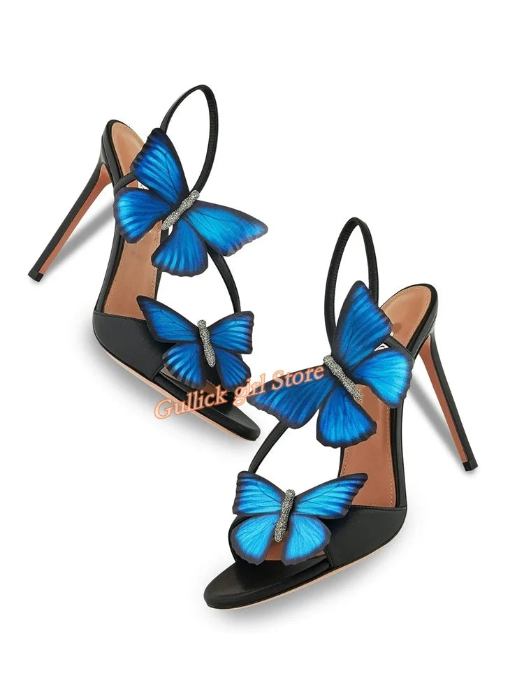 Butterfly Decor  Thin Open Toe Black Slingback Runway Women Shoes