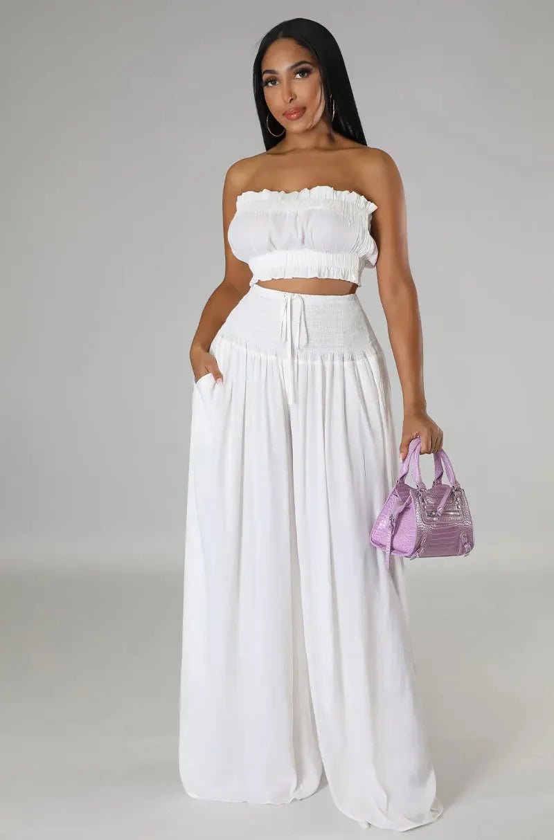 Women's Strapless Crop Top and High Waist Wide Leg Pants