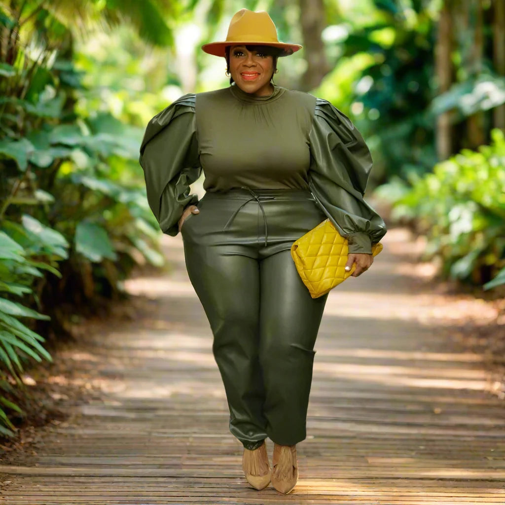 Plus Size Women’s PU Puff Long Sleeve Patchwork Top and Pants