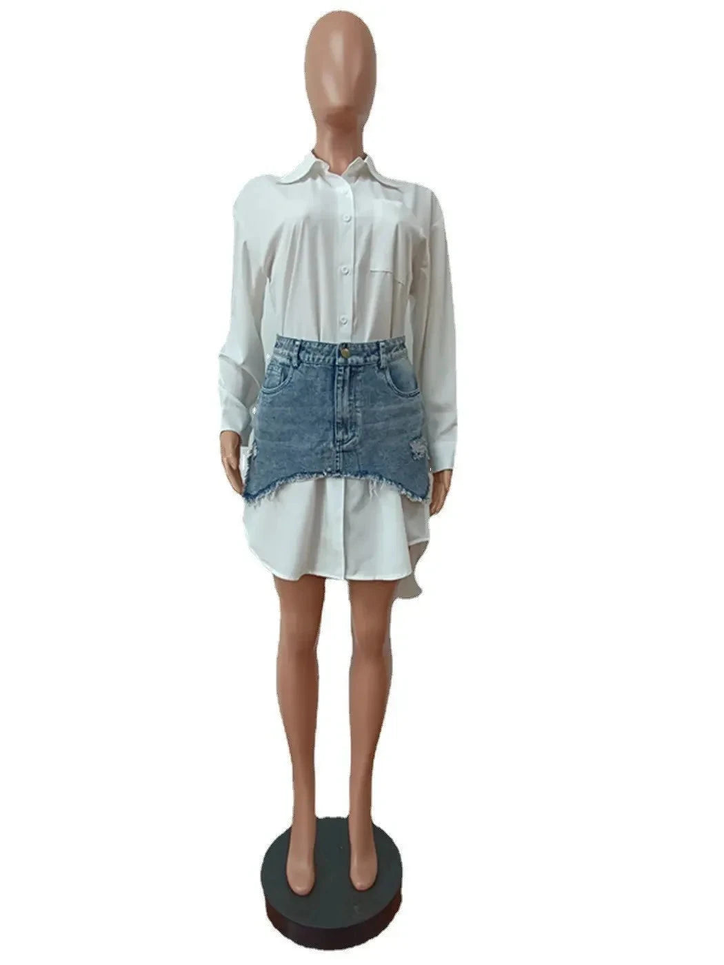 Vintage Women’s Long Sleeve Turn-down Collar Shirt Style Dress with Tiny Denim Irregular Skirt