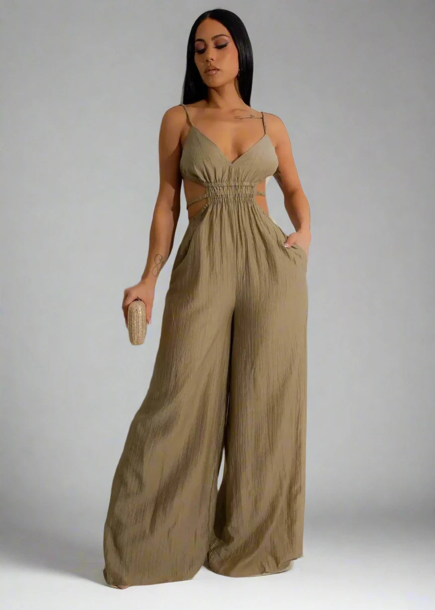 Women’s Sleeveless Strap V-neck Backless Wide Leg Long Jumpsuit