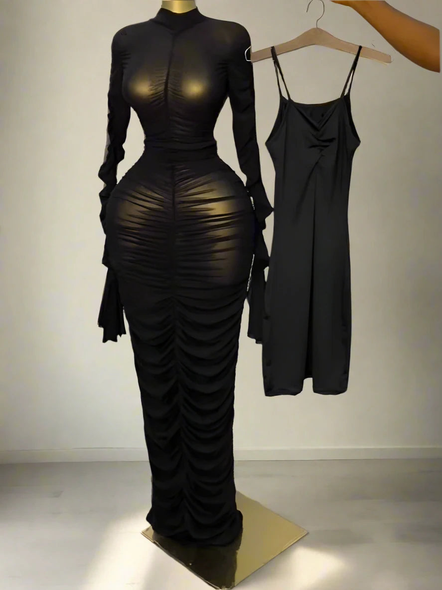 Women’s Flare Long Sleeve Stacked Ruched Mesh See-Though with Tank Maxi Dress