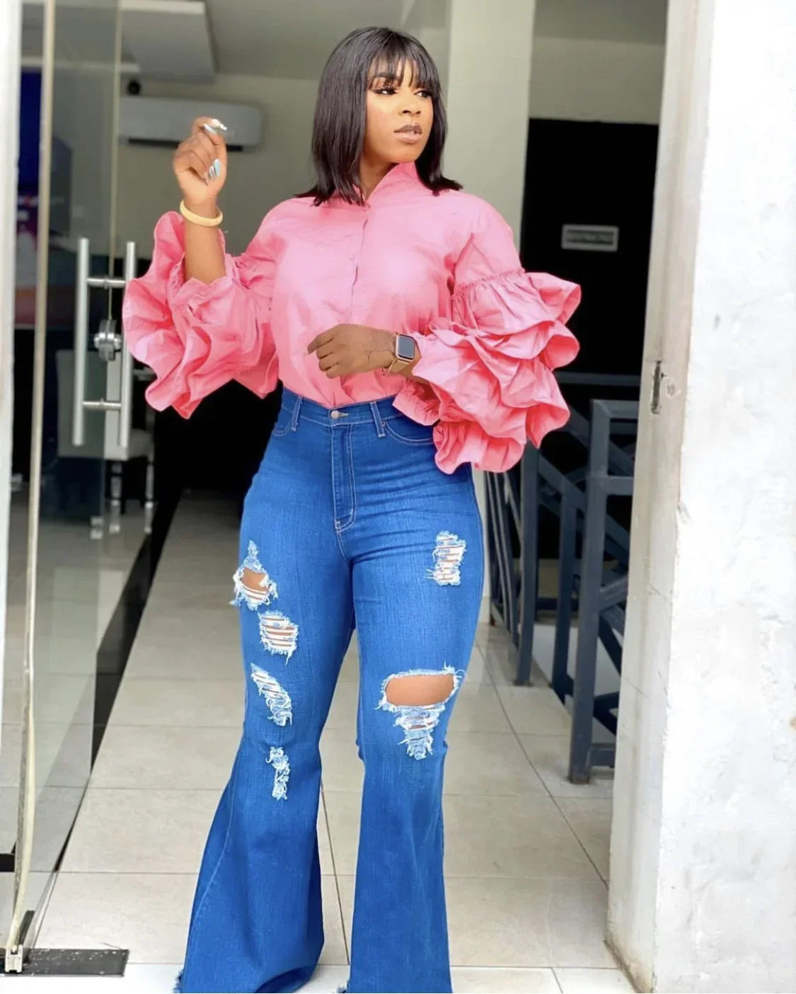 Women’s Solid Full Ruffled Sleeves Shirt