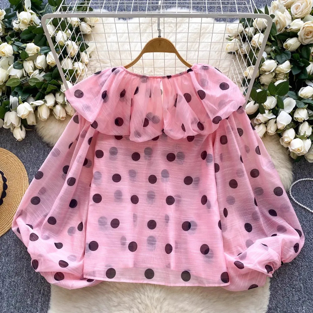 Polka Dot Puff Sleeve Simple Loose Ruffles Blouse