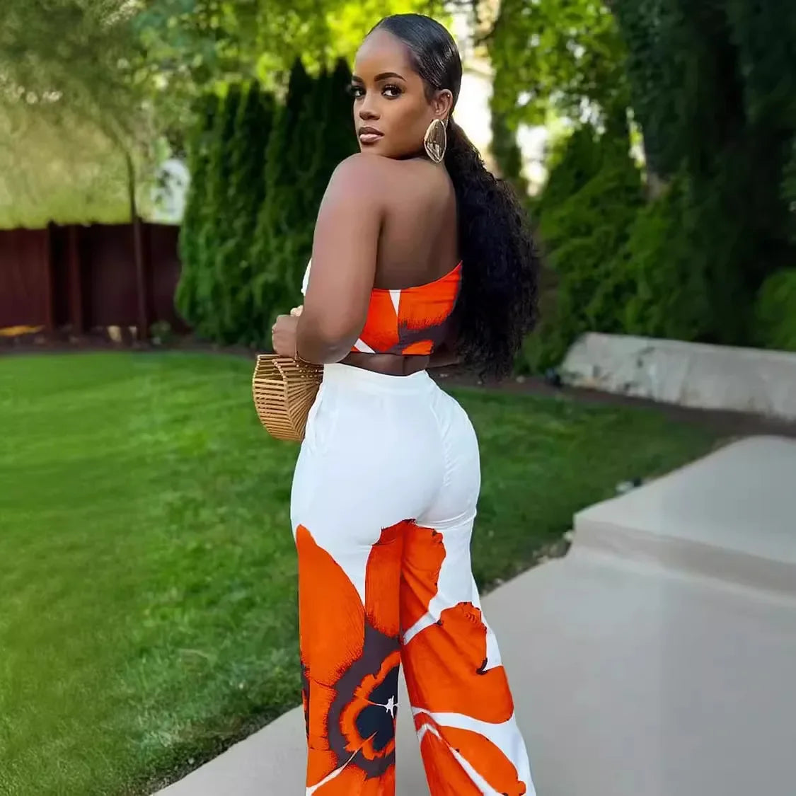 Women’s Floral Print Sleeveless Skew Collar Top +Wide Leg Pants Set