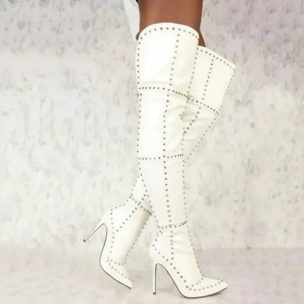 Thin High Heel Rivets Luxury Over The Knee Suede Pointed Toe Boots
